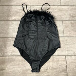 Black Faux Leather Bodysuit with Feather Trim